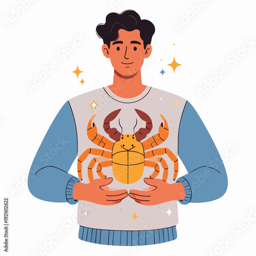 Man holding a large crab illustration on a white background, showcasing astrology, zodiac sign, and horoscope elements in a graphic design.