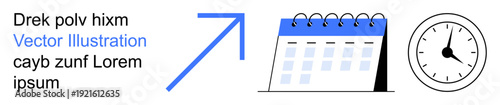 Productivity, scheduling, task management, deadlines, business planning, time efficiency. Blue arrow, calendar and clock in a clean layout. Productivity and scheduling concept