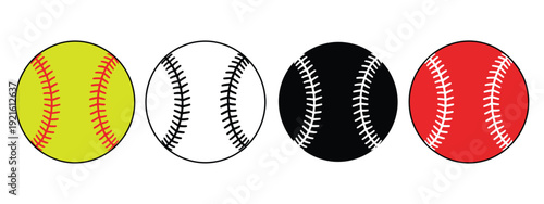 Colorful baseball and softball icons, various sport equipment designs, vibrant illustrations, game elements, sports symbols for apps and graphics.