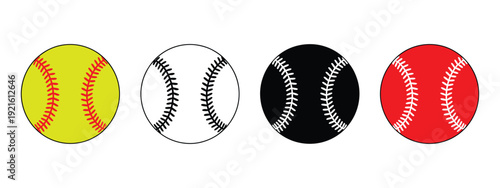 Colorful baseball and softball icons, various sport equipment designs, vibrant illustrations, game elements, sports symbols for apps and graphics.