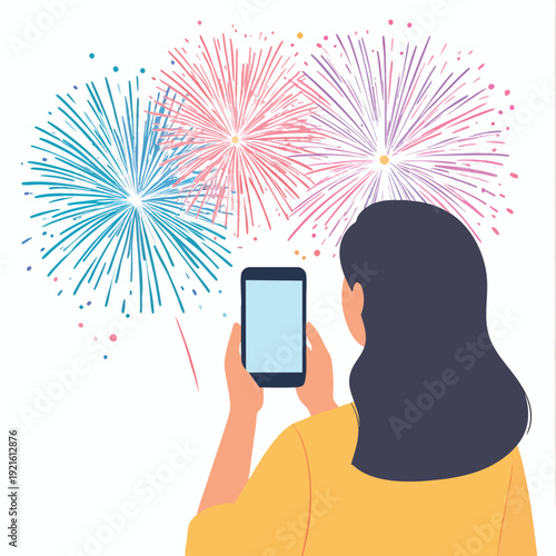 Woman capturing vibrant fireworks display on her smartphone at night with festive atmosphere