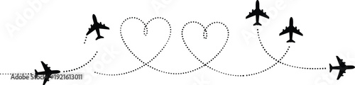 Airplane Silhouette Route Set with Heart Shaped Dotted Lines for Romantic Travel Honeymoon Journey and Aviation Love Vector Graphics Collection