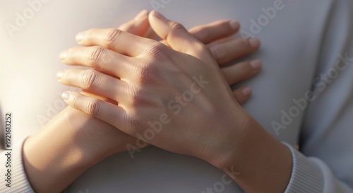 Wallpaper Mural Person with clasped hands resting on chest, bathed in soft warm light. These clasped hands symbolize prayer, meditation, or personal solace, conveying human connection to inner peace. Torontodigital.ca