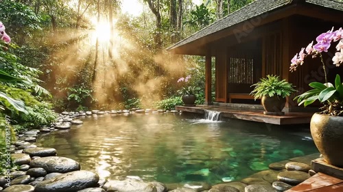 Tranquil garden retreat with wooden structure and serene water pool