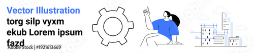 Woman in blue gestures upward, large gear represents processes, buildings with progress lines symbolize urban growth. Ideal for business, technology, teamwork, innovation, process analysis, urban