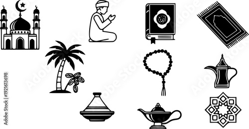 Set of line silhouette icons of  Islamic Illustration: A black and white depicting symbols of the Islamic culture. capturing the essence of religious identity and cultural richness.