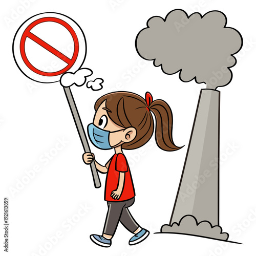 A girl wearing a mask holds a sign next to a polluting factory Vector