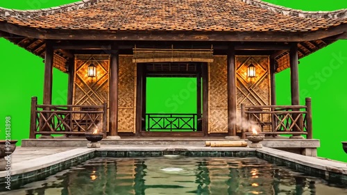 Traditional asian pavilion with thatched roof by water