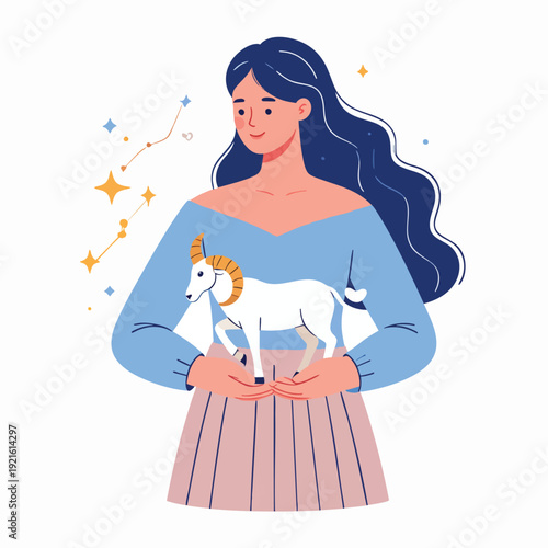 A serene woman cradling a mythical unicorn in her hands, surrounded by celestial elements in a whimsical illustration