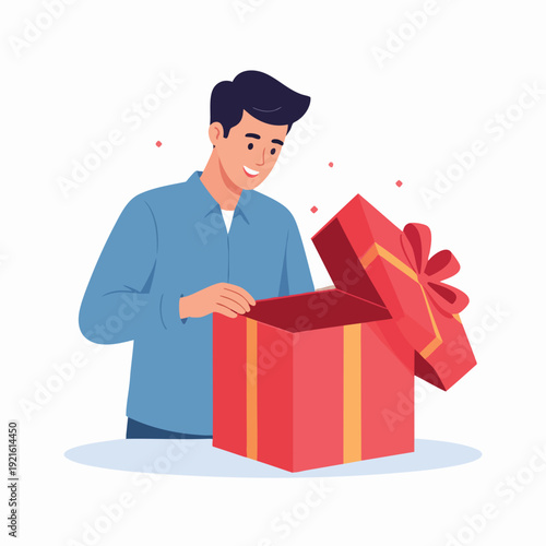 Man opening a red gift box with a surprised expression on his face, celebrating a special occasion in a joyful atmosphere