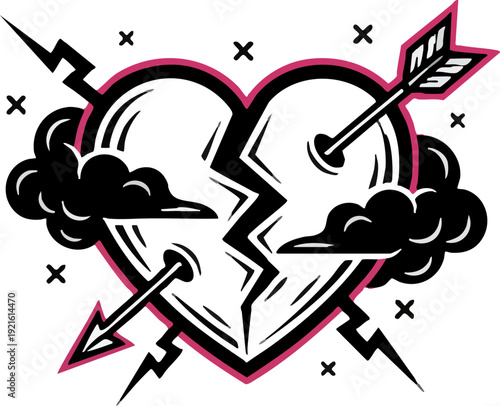 Broken Heart Symbol with Arrow and Clouds Illustration