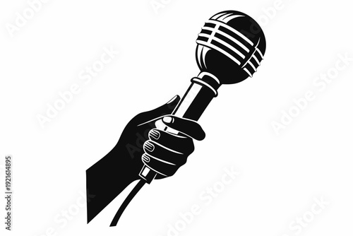 hand with microphone silhouette line art vector illustration