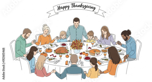 Family Gathering Around Thanksgiving Dinner Table.