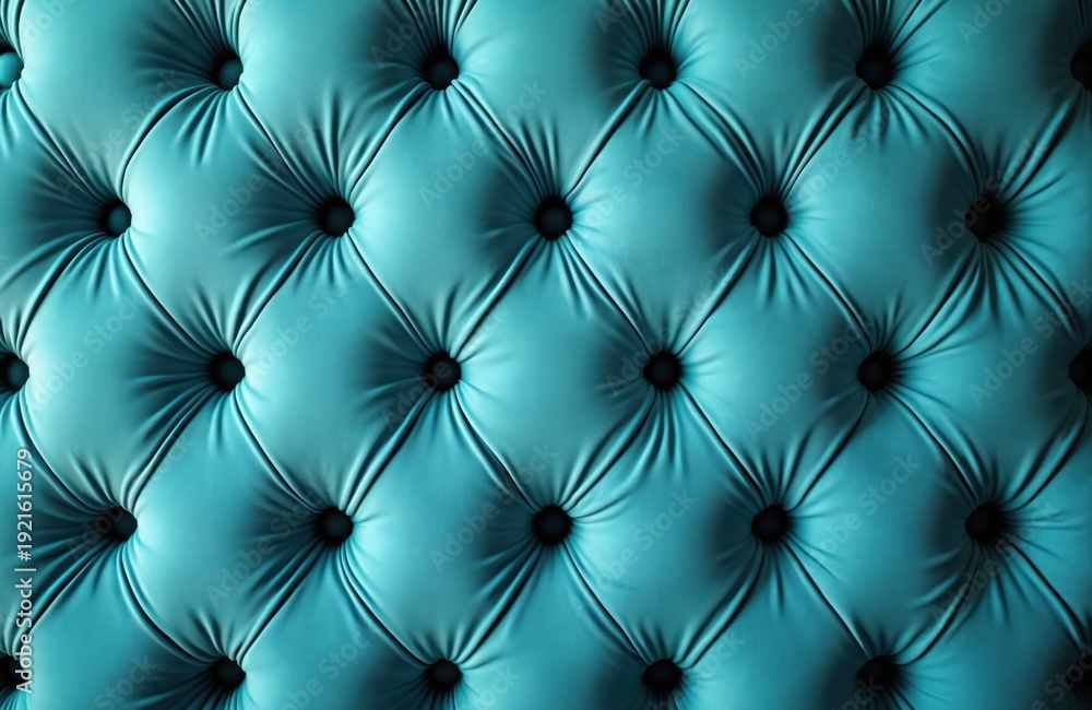 Fototapeta premium Turquoise upholstered background with diamond pattern. Deep button tufting creates a classic Chesterfield style texture. Soft fabric surface with buttons adds luxury detail to furniture or decor.