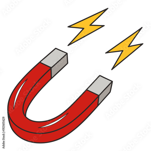 A red horseshoe magnet with two yellow lightning bolts Vector
