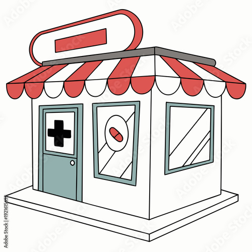 A small pharmacy store with a red and white awning Vector