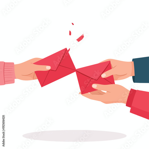 Two hands exchanging red envelopes with torn pieces floating in mid-air against a white background from a frontal viewpoint