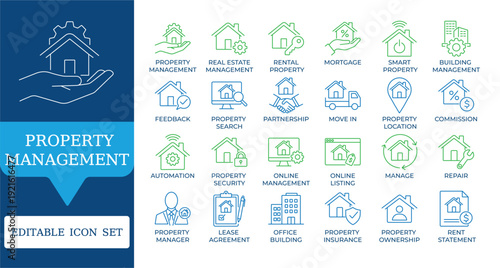 Property Management and Real Estate Icons. Featuring house rental, property maintenance, smart home automation, and agent symbols. Editable vector set for housing apps and reports