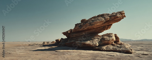 Ancient Weathered Rock Formation Dominates a Vast Arid Desert Landscape Under a Clear Blue Sky, Evoking Nature's Resilience