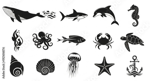 Collection of Marine Life Illustrations in Silhouette Style.