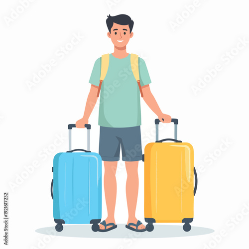 Young man with suitcases standing ready for travel adventure