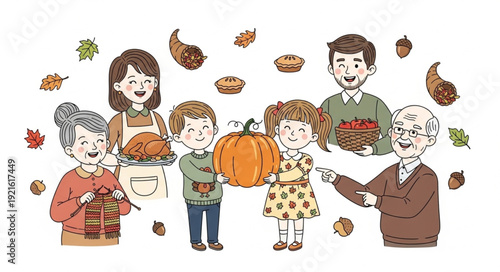 Family Gathering with Pumpkins and Leaves.