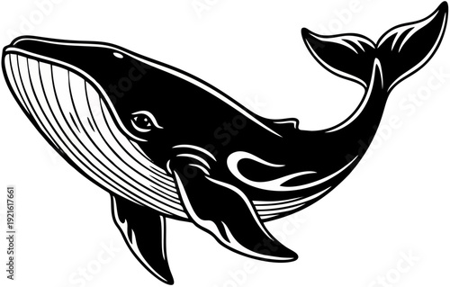 Vector illustration of a majestic whale gracefully swimming in the ocean depths, rendered in a classic black and white art style
