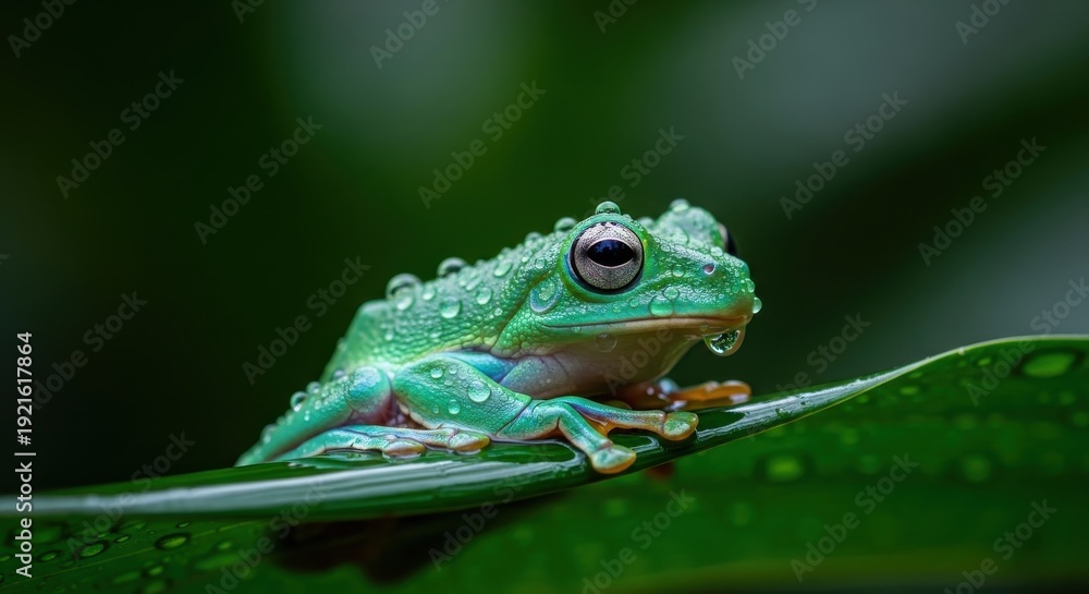 Fototapeta premium Green Tree Frog on Leaf Closeup.