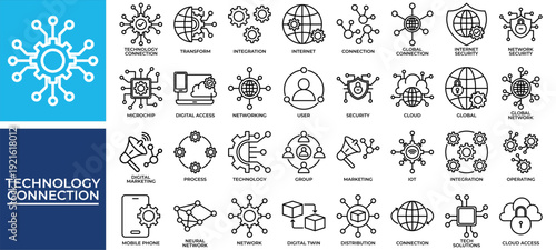 Technology Connection icon set collection. Containing evolution, link, operation, partnership, program, sharing, networking .Line vector icons collection