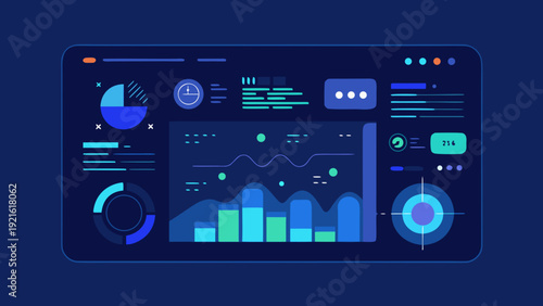 Digital analytics dashboard interface with data visualization charts and statistics on futuristic blue screen