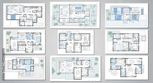 Collection of architectural floor plans for houses and buildings.
