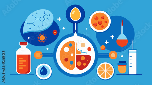 Medical research concept with blood cells vaccine syringe and laboratory equipment in flat design style