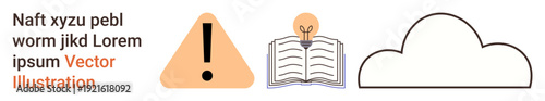 Education, innovation, knowledge sharing, caution, cloud technology, digital learning. Triangle warning icon, book with bulb cloud. Education and innovation combined with precaution and tech