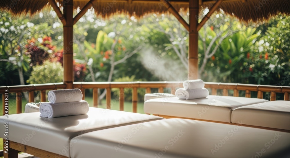 Fototapeta premium Outdoor spa area features two massage beds under bamboo gazebo, surrounded by lush tropical greenery. White towels and soft cushions prepared, creating serene ambiance for outdoor spa.