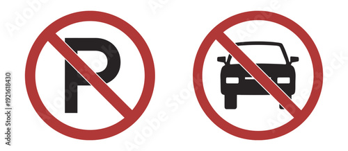 No parking and no car prohibition sign icons, traffic restriction, road regulation, transportation safety symbols, flat vector illustration for design.