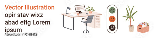 Office productivity, workplace organization, team collaboration, remote work, task management, feedback mechanisms. Desk with chair, monitor plant and feedback symbols. Office productivity
