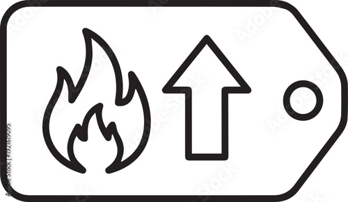 A black line icon on a tag displays a flame symbol next to an upward-pointing arrow indicating handling instructions.