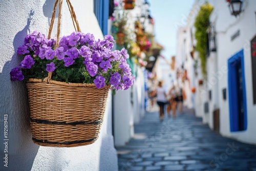 wicker hanging basket of purple flowers on whitewashed wall overlooking a sunlit cobblestone alley with blue doors and blurred pedestrians, charming summer street scene