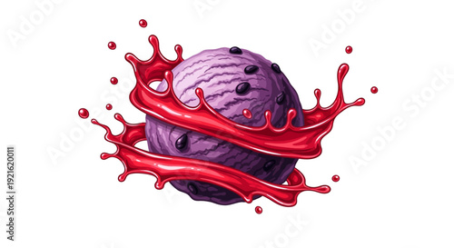 A purple ice cream ball splashed with red syrup in a playful illustration, viewed from a straightforward angle in a food scene