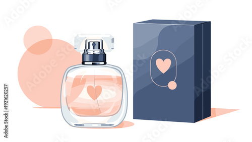 Elegant glass perfume bottle with a heart icon stands next to its stylish dark blue product box on a clean, modern background.