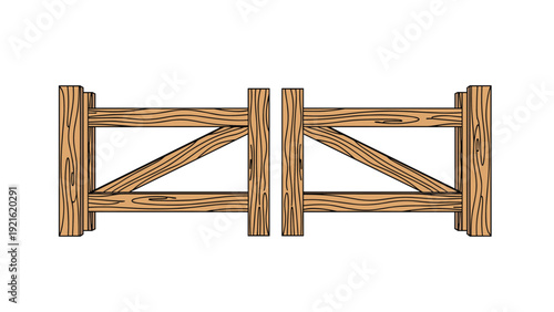 Classic double-door wooden farm gate features a sturdy cross-brace design and realistic wood grain texture on a white background.