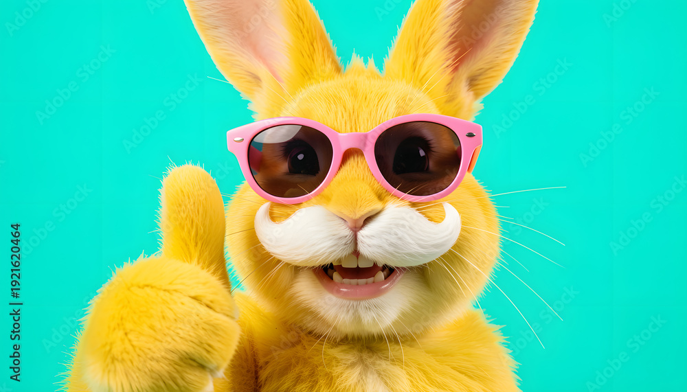 Obraz premium Yellow Easter plush bunny, close-up, giving a thumbs-up, with a white curly mustache, laughing, on a solid turquoise background, fluffy and cute, studio photography, perfect for banner or card design,