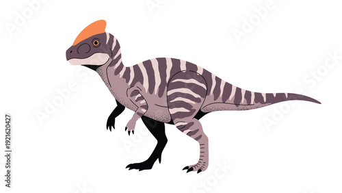 Detailed illustration of a dinosaur with a purple and white striped body and a bright orange crest on its head.