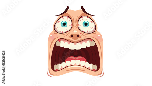 Terrified cartoon character face screaming with wide eyes and a large open mouth to illustrate fear, panic, and horror concepts.