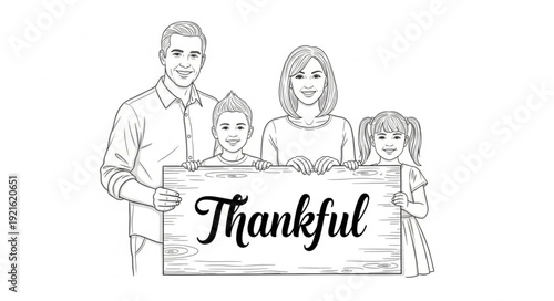 Family Holding Thankful Sign Together.