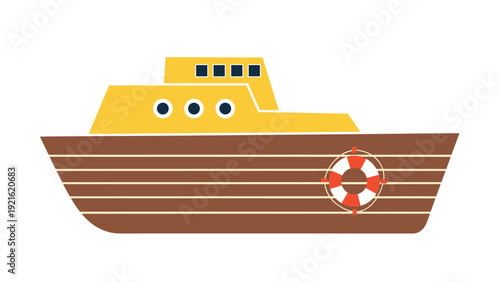 Cartoon boat with a brown wooden hull, yellow cabin, and a lifebuoy used for maritime, ocean travel, and nautical theme designs.