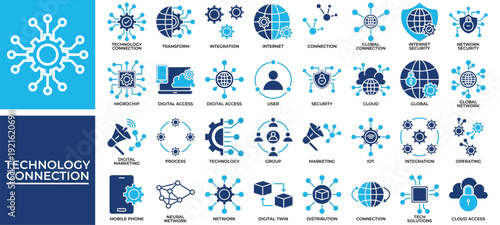 Technology Connection icon set collection. Containing evolution, link, operation, partnership, program, sharing, networking .Solid vector icons collection