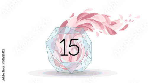 Multi faceted crystalline die with the number fifteen and a pink flowing energy trail for gaming, magic, and fantasy concepts.