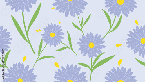 Seamless floral pattern with light purple daisies and green leaves on a soft blue background for textile and wallpaper designs.