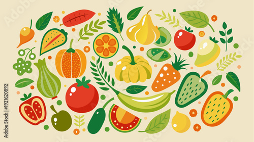 Colorful flat fruits and vegetables collection with leaves and berries healthy food illustration